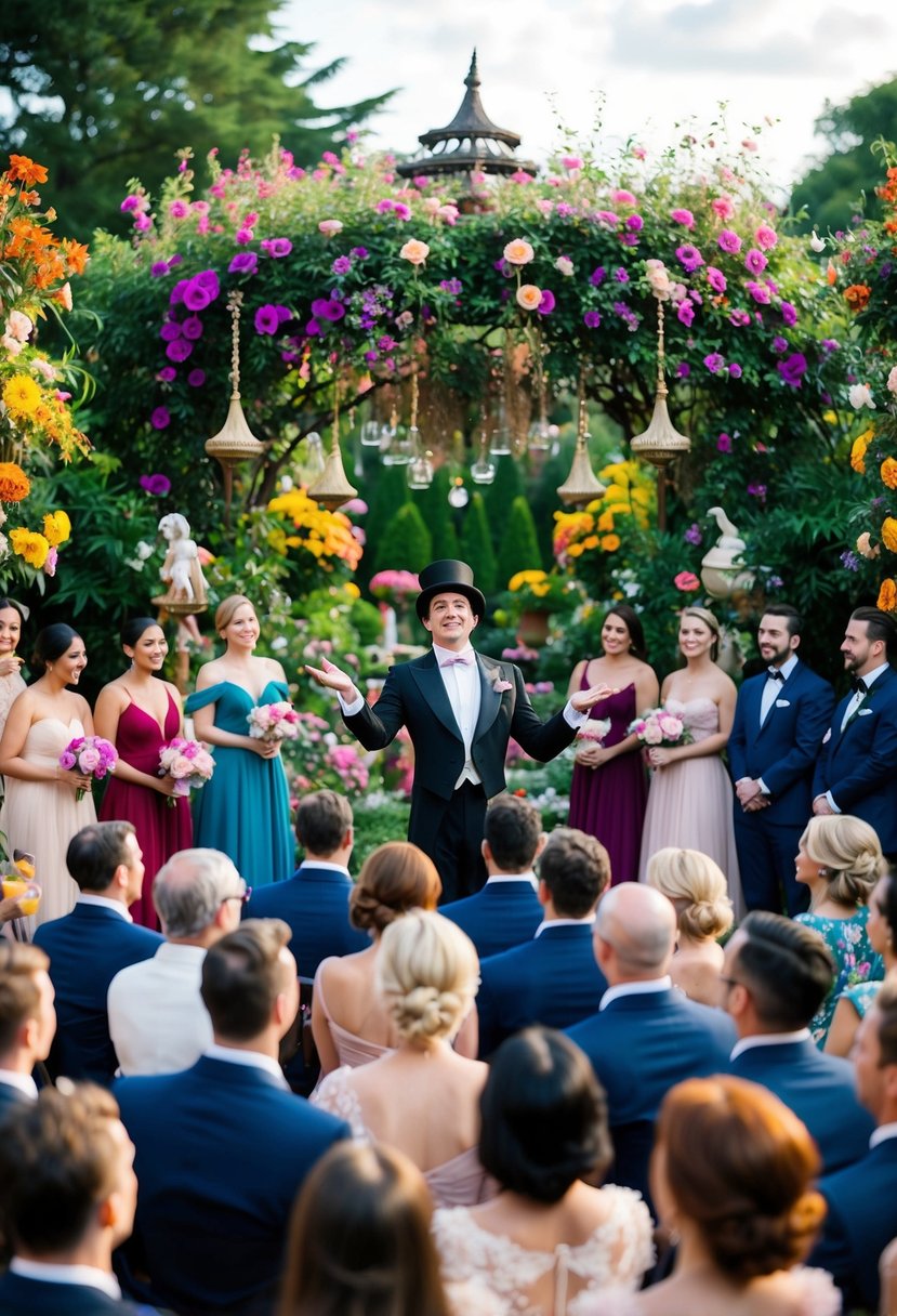 A magician performs in a lush garden, surrounded by colorful flowers and whimsical decor. A crowd of elegantly dressed guests watches in awe as the magician dazzles with tricks and illusions