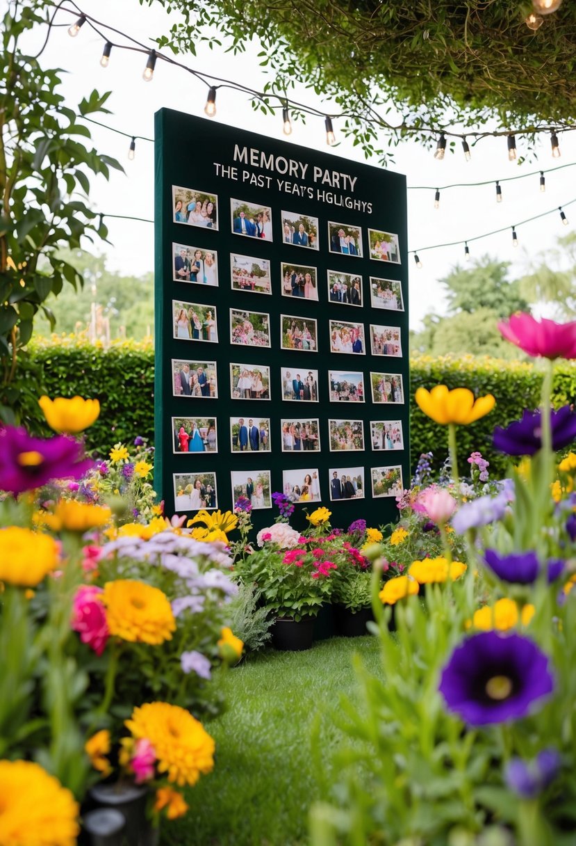 A garden party with a memory photo wall of the past year's highlights, surrounded by colorful flowers and twinkling string lights