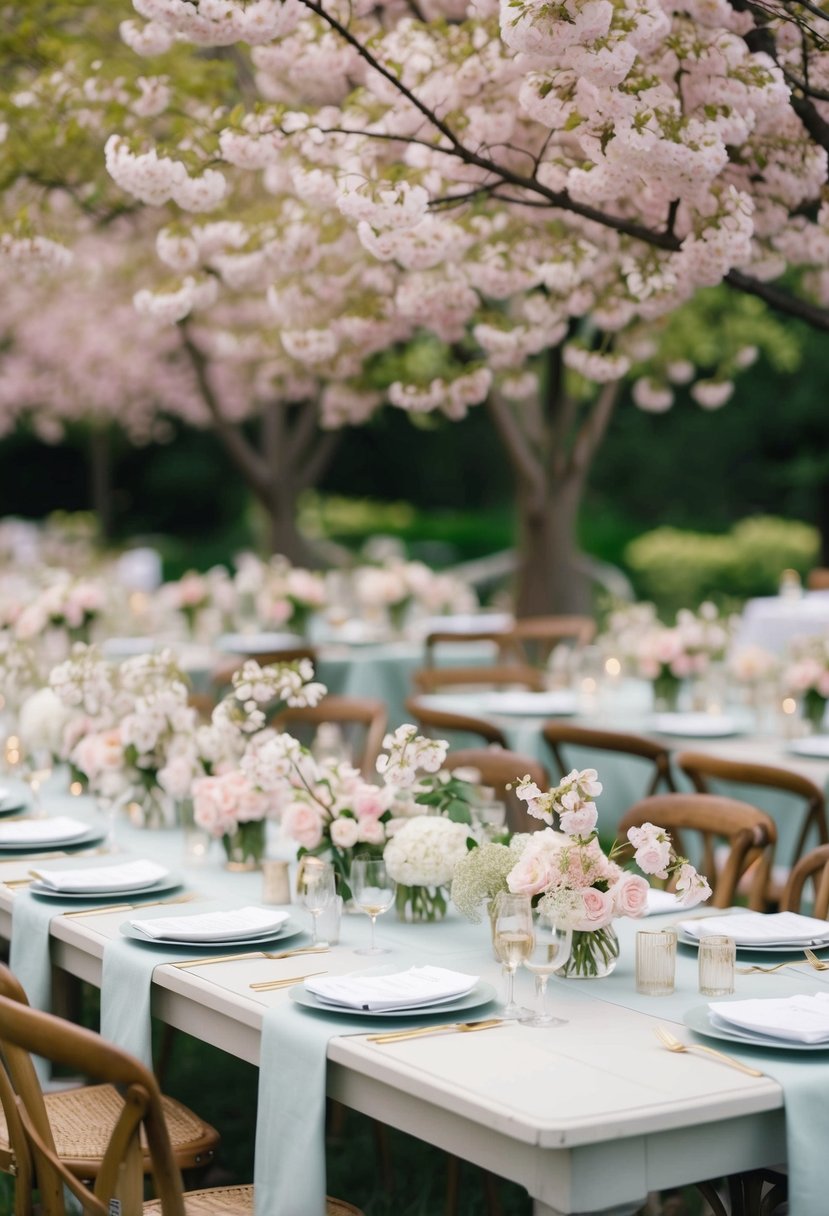 A garden party table adorned with cherry blossom centerpieces and delicate floral arrangements, creating a serene and elegant aesthetic