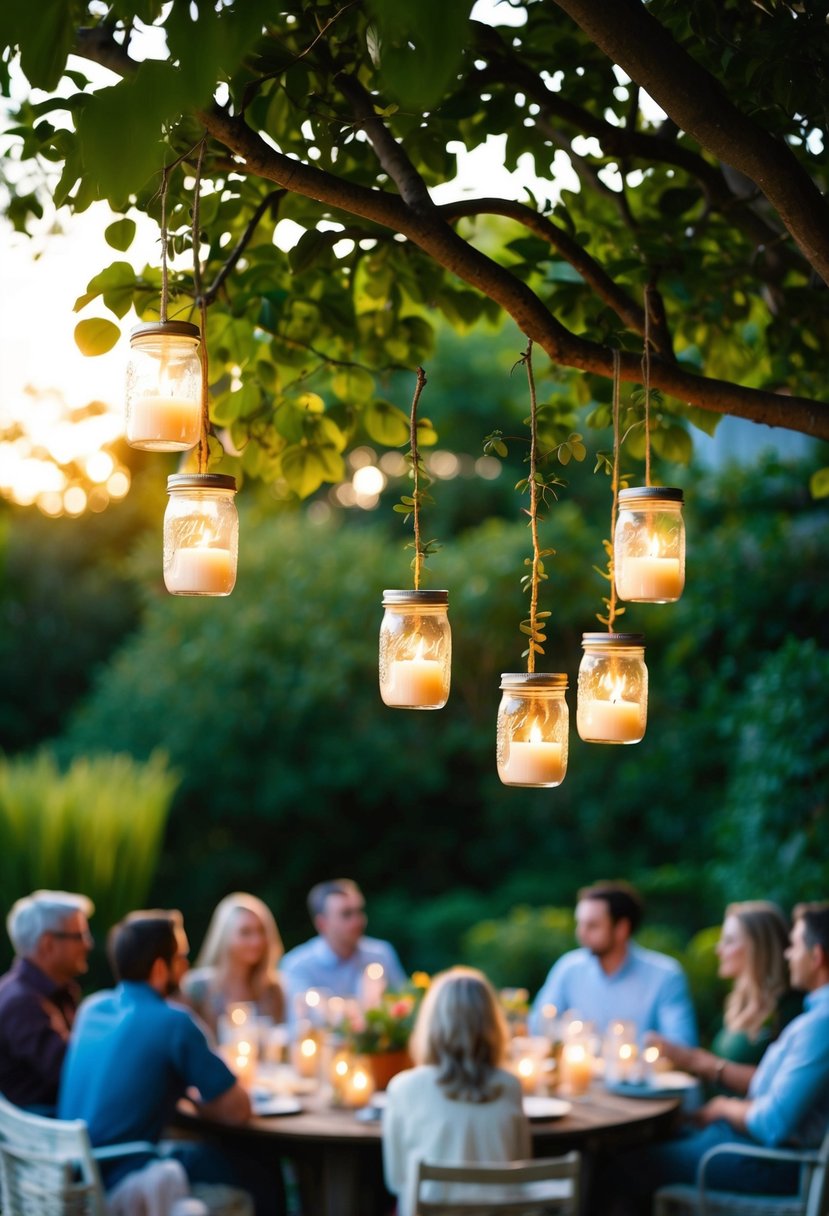 A lush garden setting with Mason jar candle holders hanging from tree branches, casting a warm and inviting glow over a gathering of friends