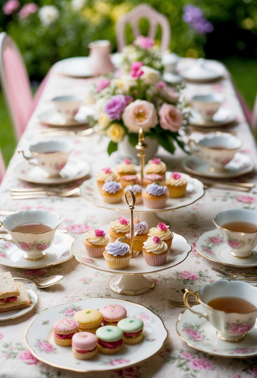 A charming vintage tea party set up in a garden, complete with floral tablecloths, delicate teacups, and an array of pastel-colored pastries and finger sandwiches