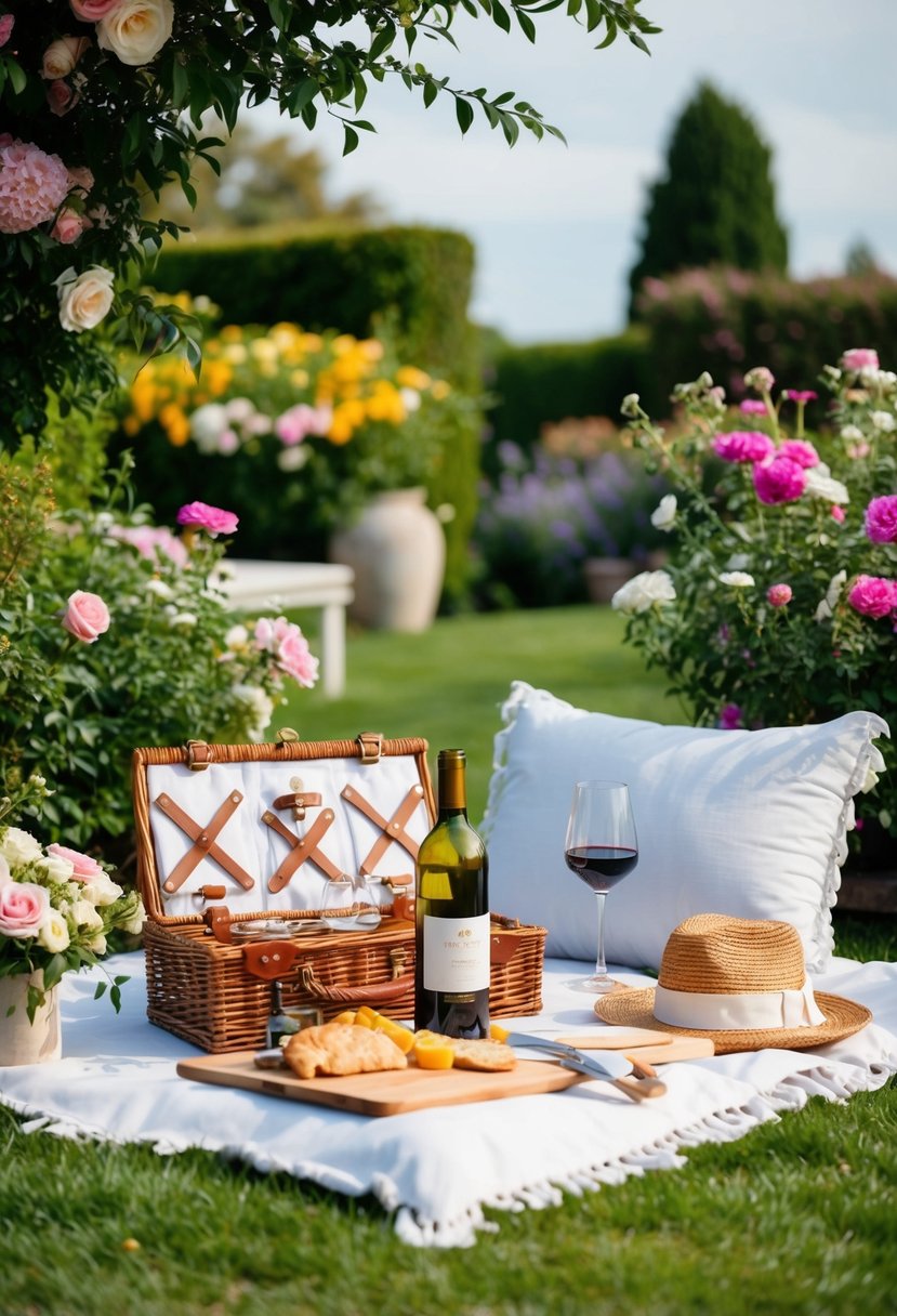 A lush garden picnic with wine, surrounded by blooming flowers and elegant outdoor decor for a 40th anniversary celebration
