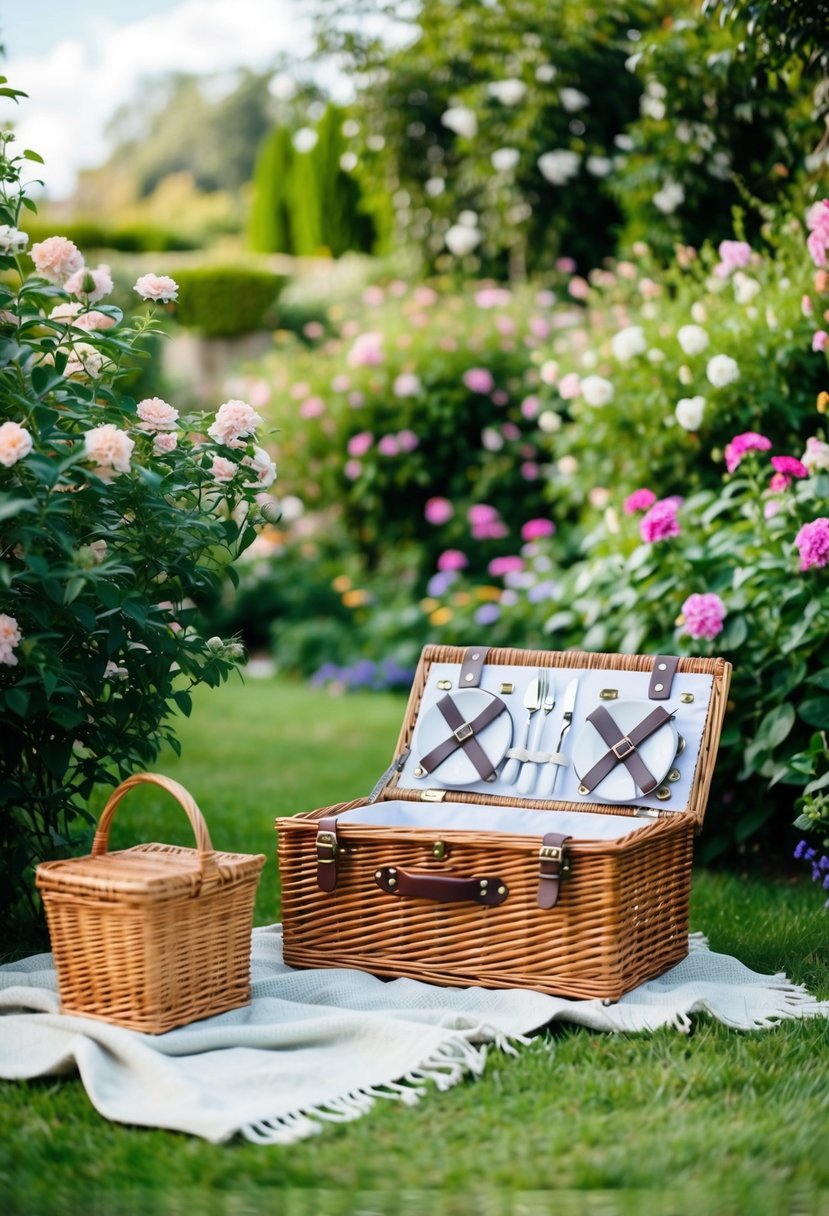 A lush garden setting with wicker picnic baskets, scattered blankets, and blooming flowers creating a charming and inviting atmosphere