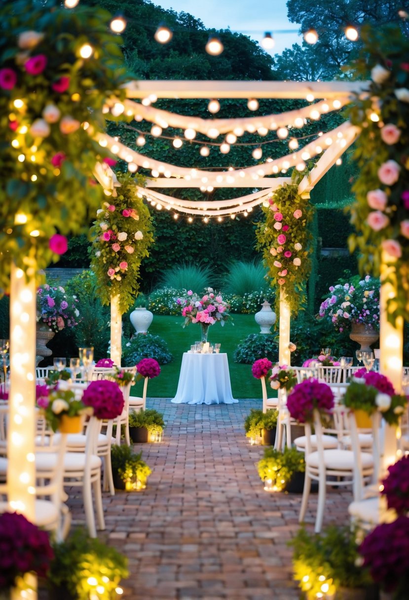 A lush garden adorned with twinkling fairy lights, vibrant flowers, and elegant decor for a 40th anniversary celebration