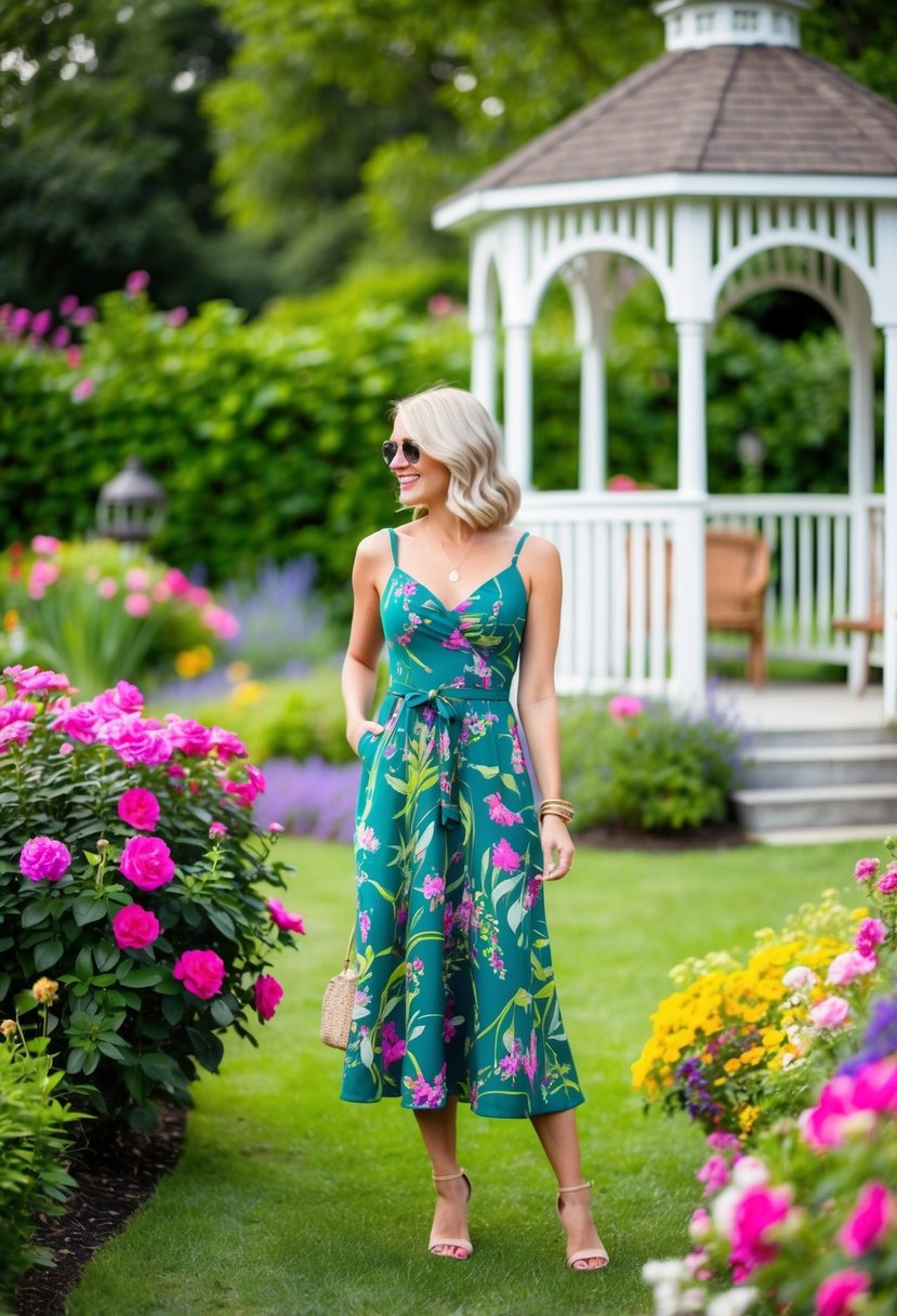 A vibrant garden setting with blooming flowers and a charming gazebo, where a printed midi dress stands out against the lush greenery
