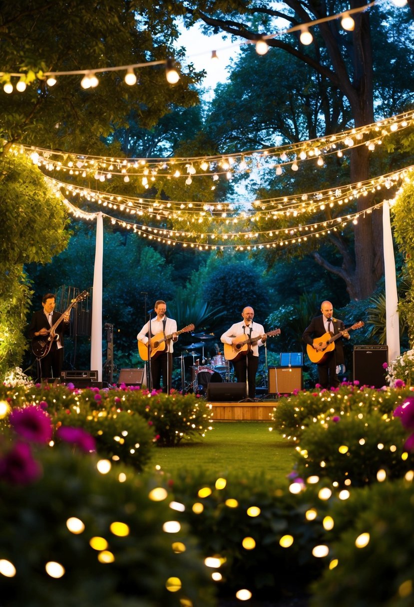 An outdoor garden filled with twinkling lights and colorful decorations, as a live acoustic band plays under a canopy of trees for a 40th anniversary celebration