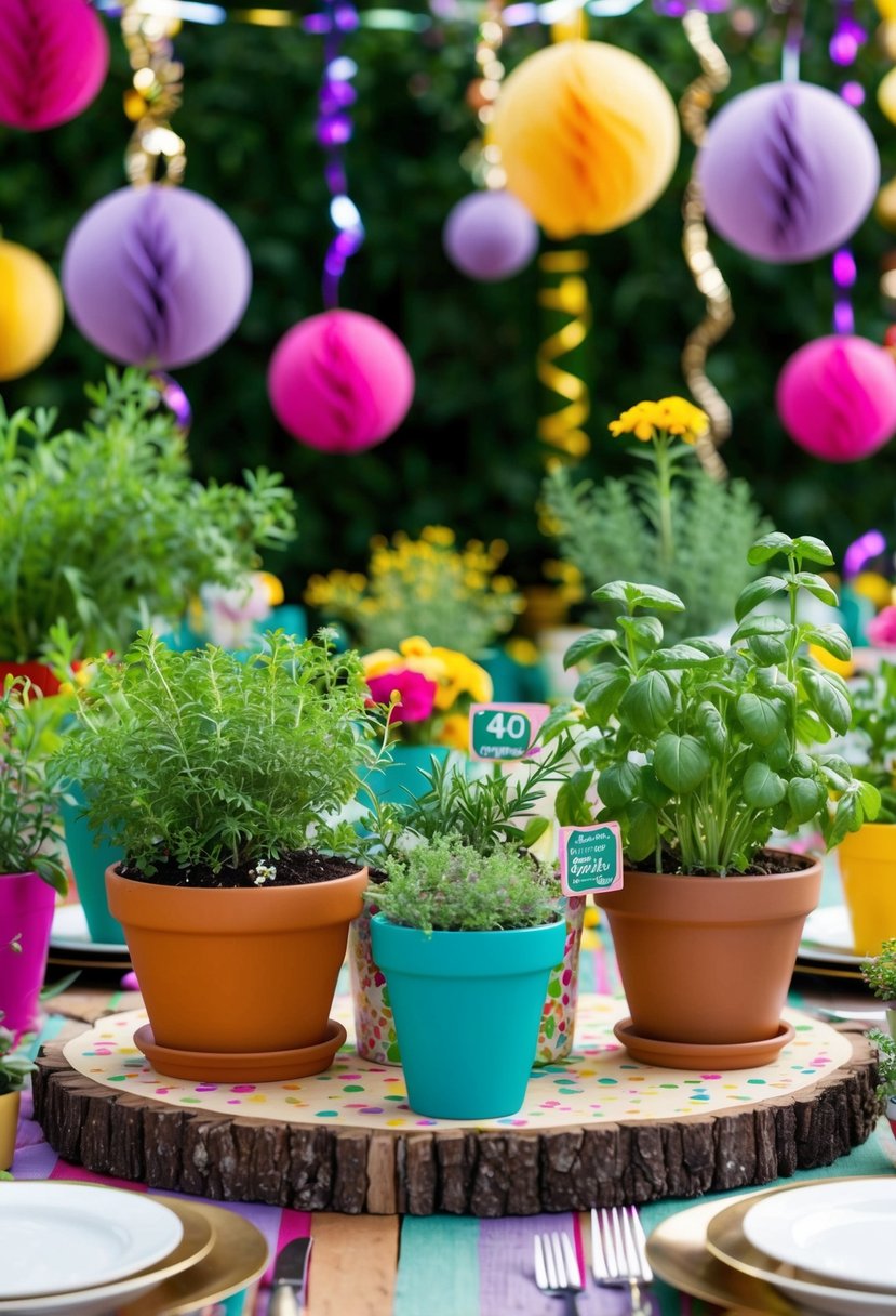 A colorful herb garden with various plants in decorative pots, surrounded by festive party decorations for a 40th anniversary celebration