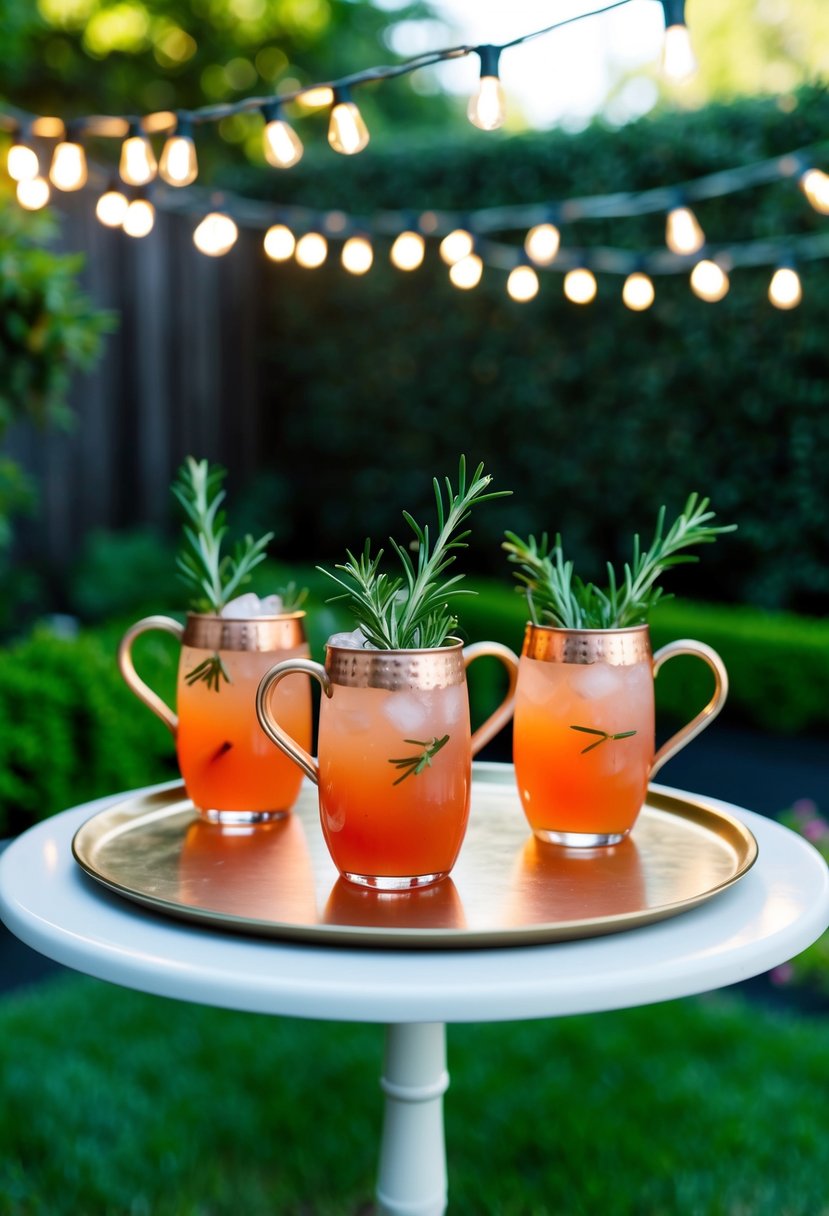A table with Moscow Mule cocktails garnished with rosemary, surrounded by a lush garden and twinkling string lights