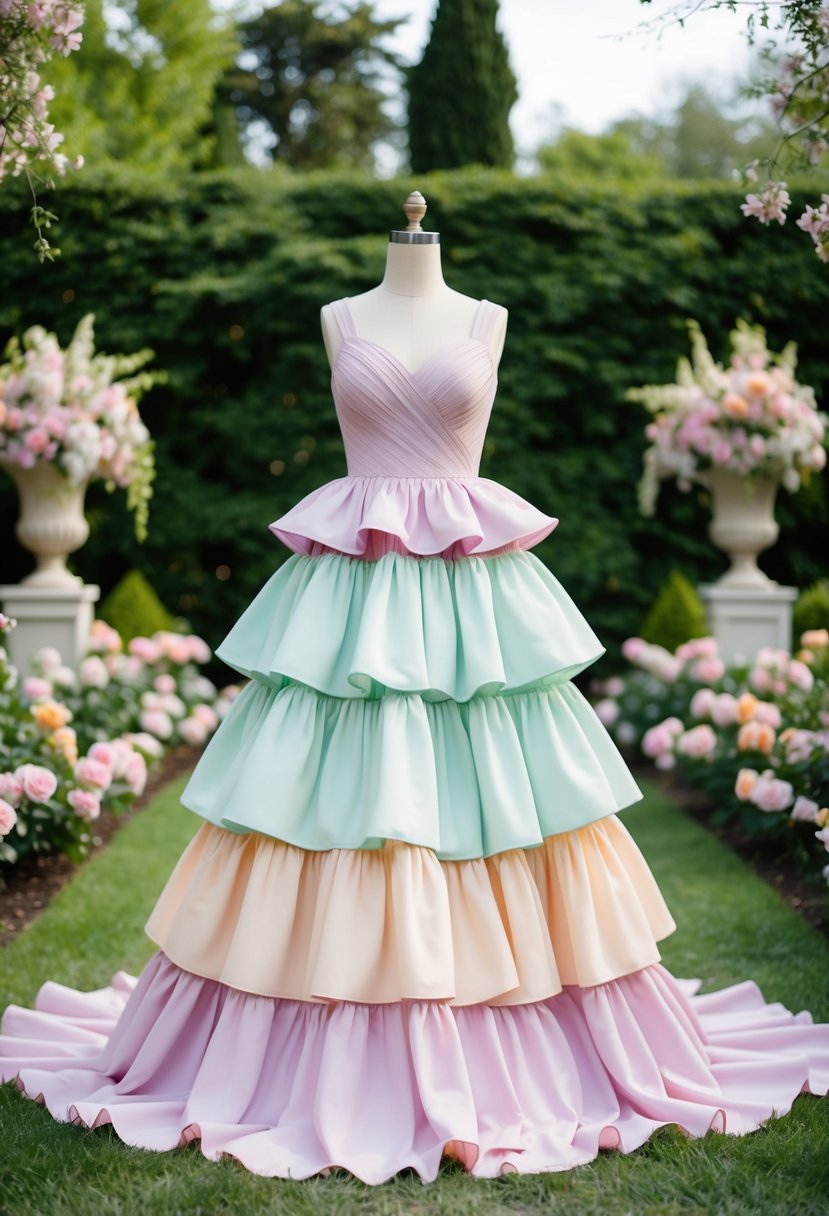 A lush garden setting with a tiered ruffle dress in pastel colors, surrounded by blooming flowers and elegant outdoor decor