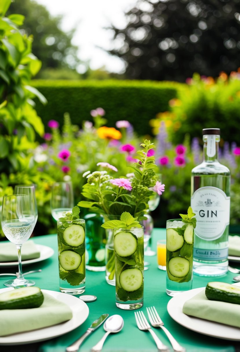 A garden party table set with cucumber, mint, and gin, surrounded by lush greenery and colorful flowers