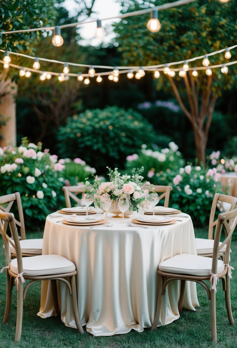A lush garden setting with a table adorned with delicate silk slip dresses, surrounded by blooming flowers and twinkling lights