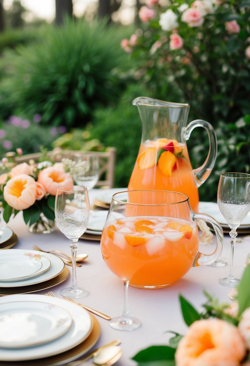A table set with elegant glassware and a pitcher of Peach Bellini Punch surrounded by lush greenery and blooming flowers