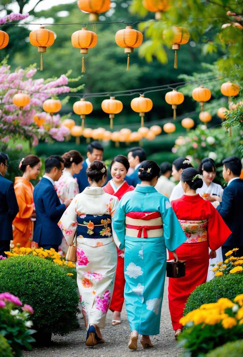 Lush garden setting with colorful kimono-clad guests mingling among blooming flowers and hanging lanterns