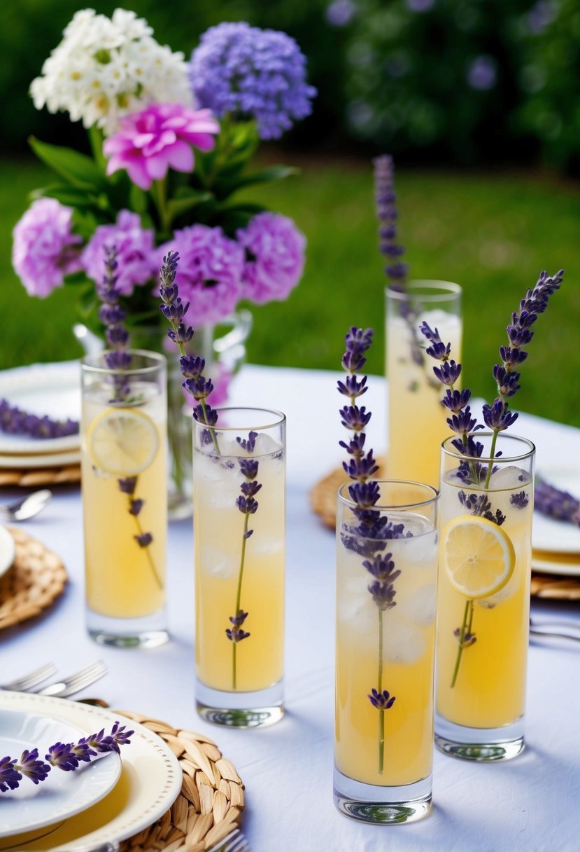 A garden party scene with a table set with glasses of lavender lemonade cooler and fresh lavender sprigs as garnish