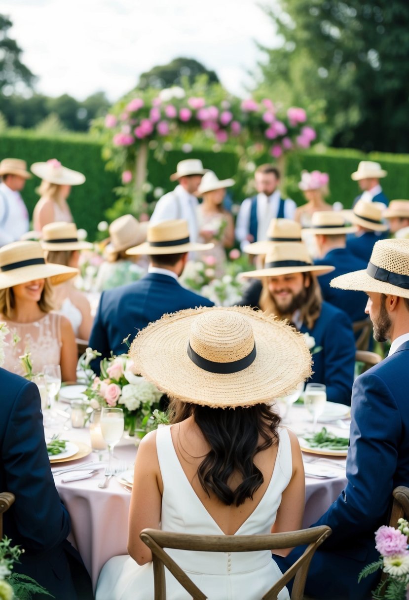 A garden party wedding scene with guests wearing wide-brim straw hats, surrounded by blooming flowers and elegant outdoor decor