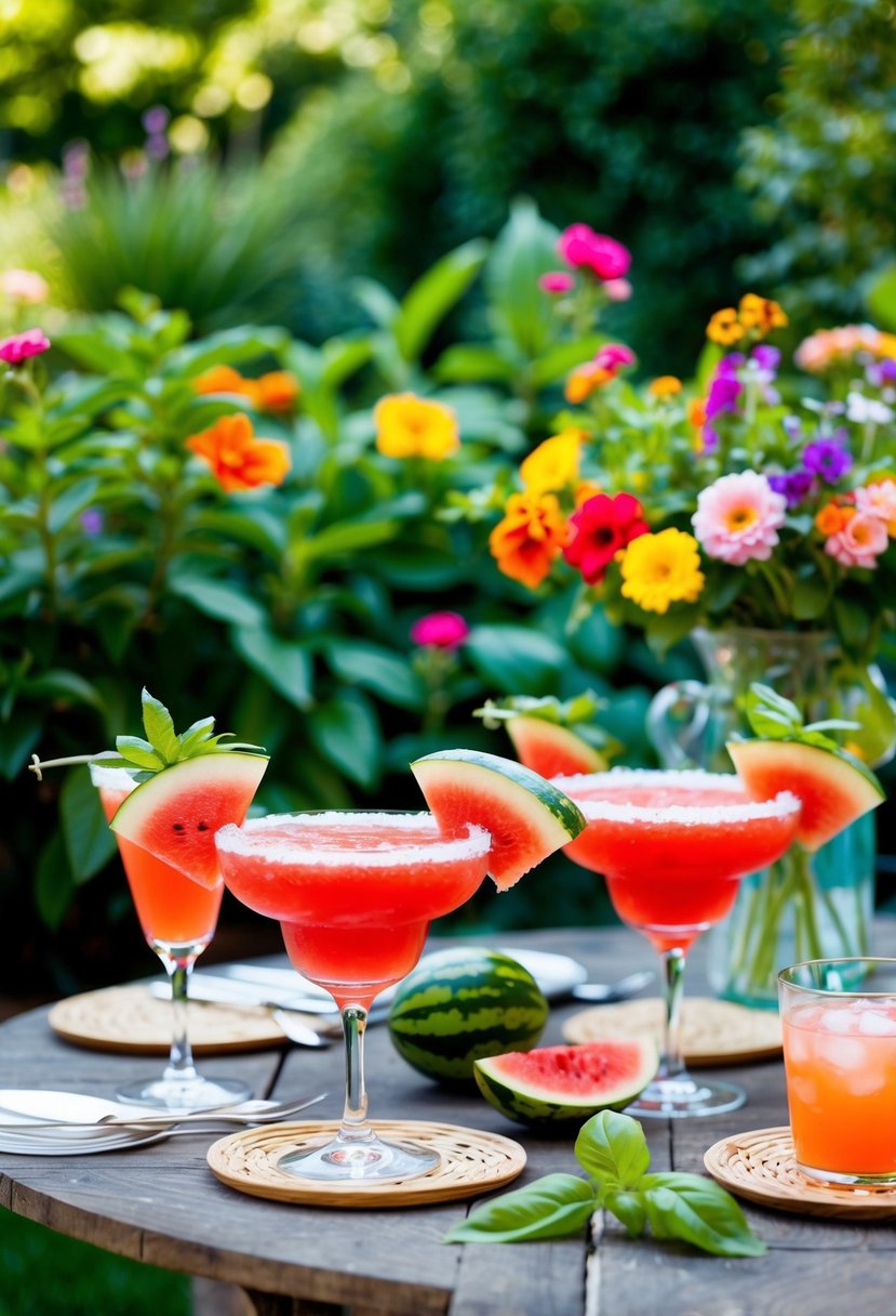 A garden table set with watermelon basil spritz cocktails, surrounded by lush greenery and colorful flowers
