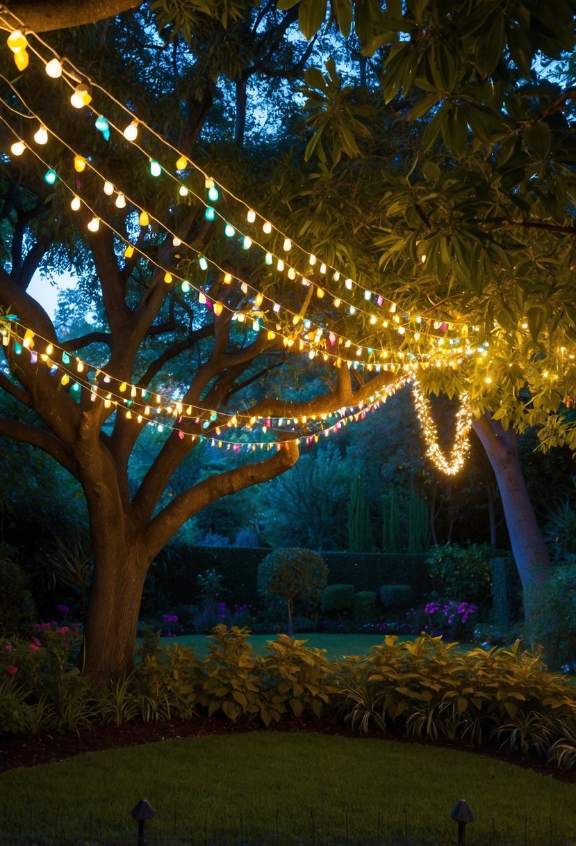 Colorful fairy lights drape through the branches of lush trees, casting a warm and magical glow over the garden, creating a whimsical and enchanting atmosphere for an 80th birthday celebration