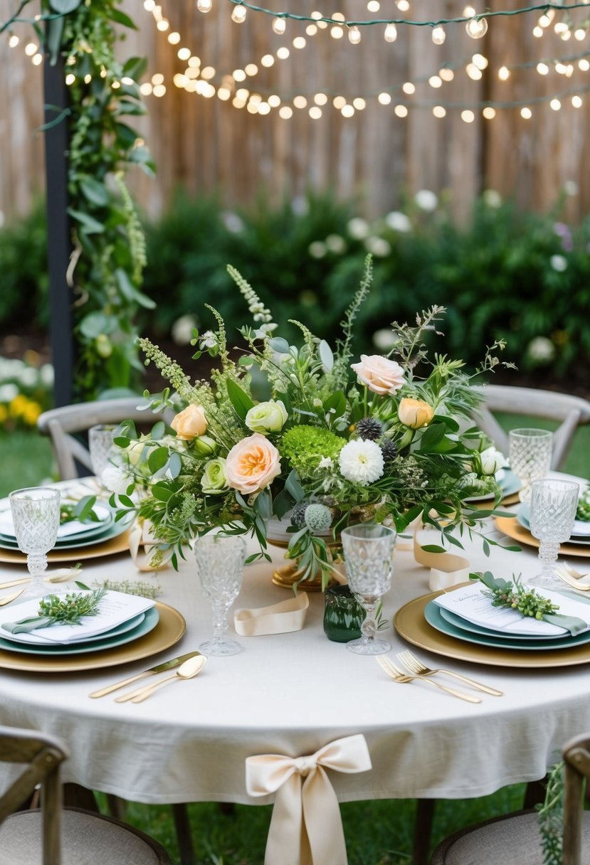A table with an array of fresh flowers, greenery, and ribbon, surrounded by garden-themed decor and twinkling lights