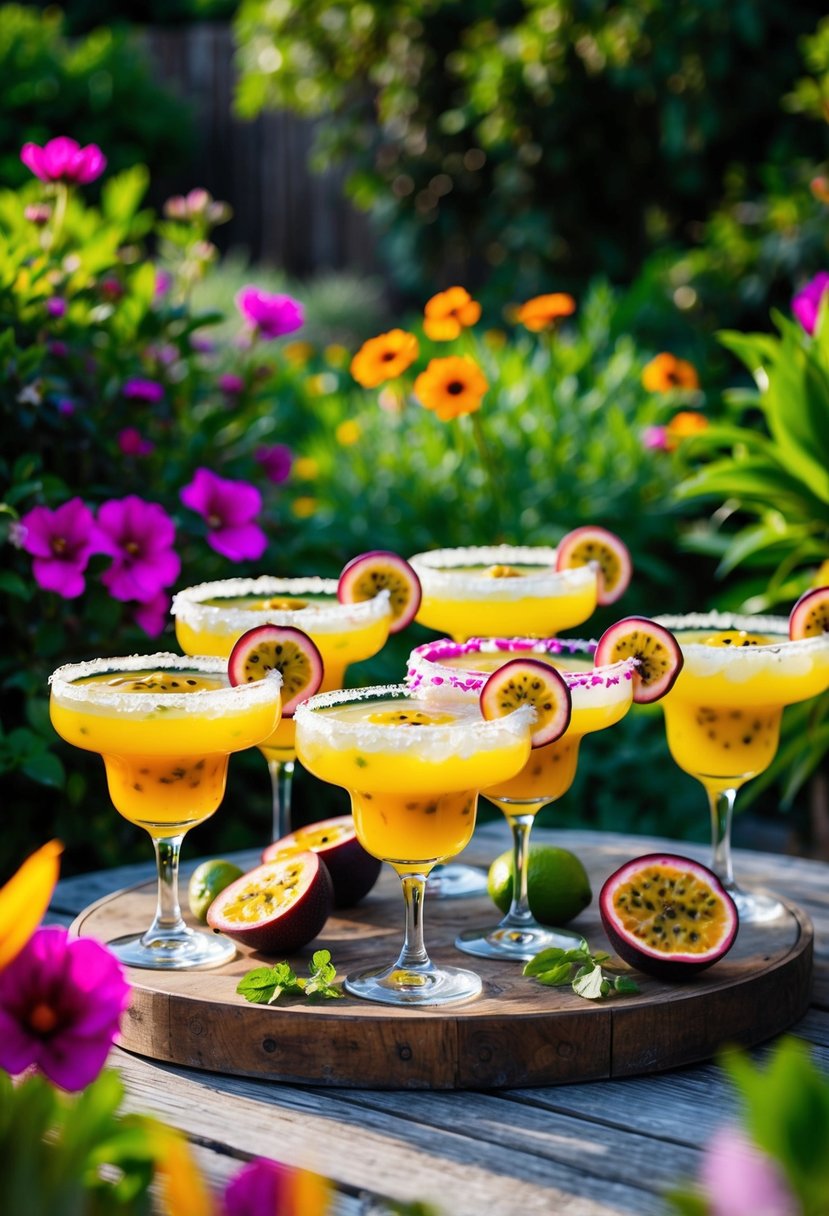 A vibrant garden setting with a variety of passionfruit margaritas displayed on a rustic wooden table surrounded by lush greenery and colorful flowers