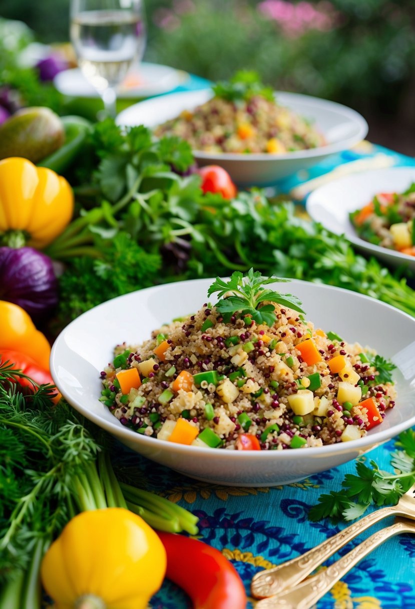 A vibrant quinoa salad surrounded by a variety of fresh herbs and colorful vegetables, set on a beautifully decorated outdoor dinner table