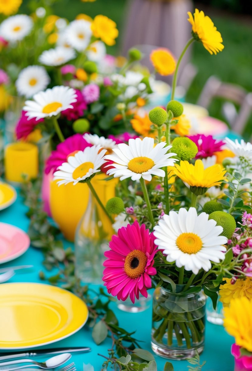 A vibrant garden party centerpiece with daisies, greenery, and pops of color