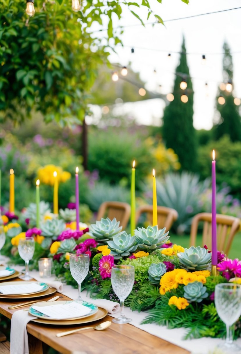 A garden table adorned with succulent centerpieces, surrounded by colorful flowers and greenery, sets the scene for an 80th birthday celebration
