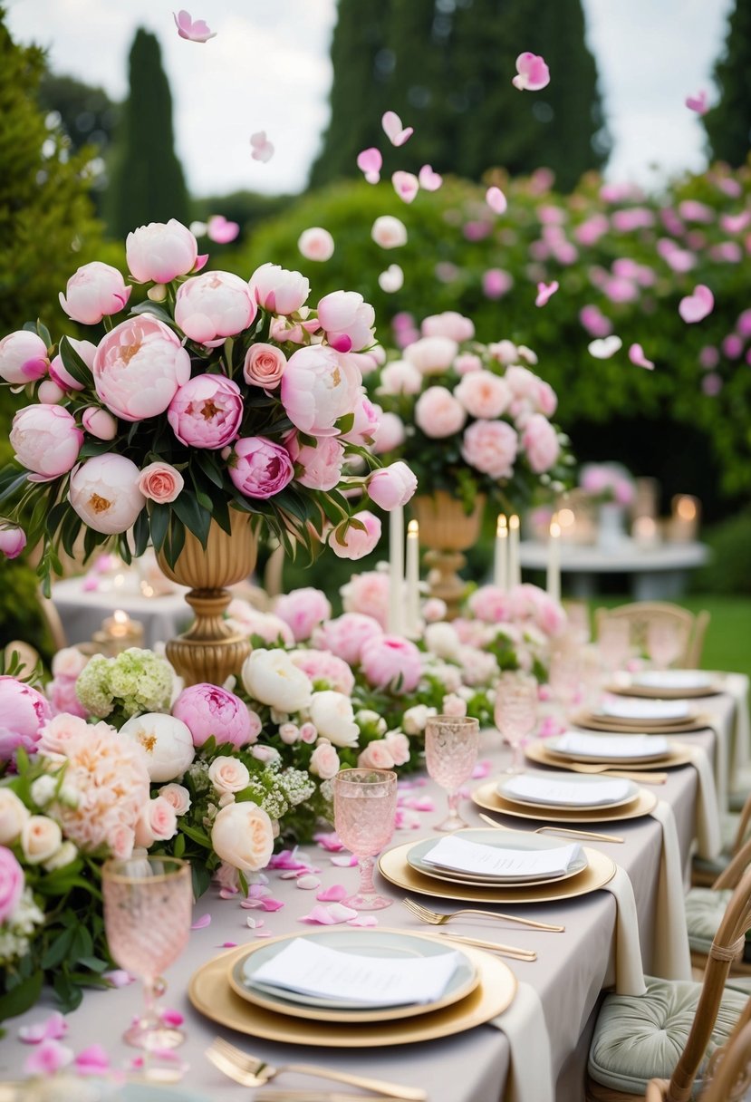 A lavish garden table adorned with a lush arrangement of peonies and rose petals, creating a beautiful and fragrant spread for a garden party
