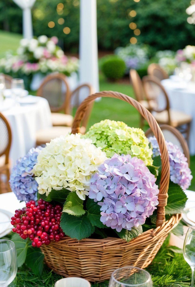A lush garden party centerpiece featuring hydrangeas and a basket overflowing with berries