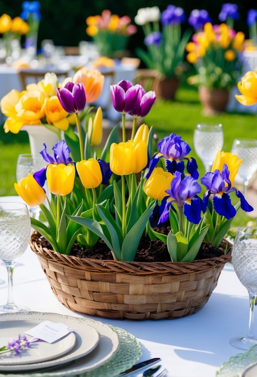 A vibrant garden party scene with a lush floral arrangement of tulips and irises in a rustic basket centerpiece