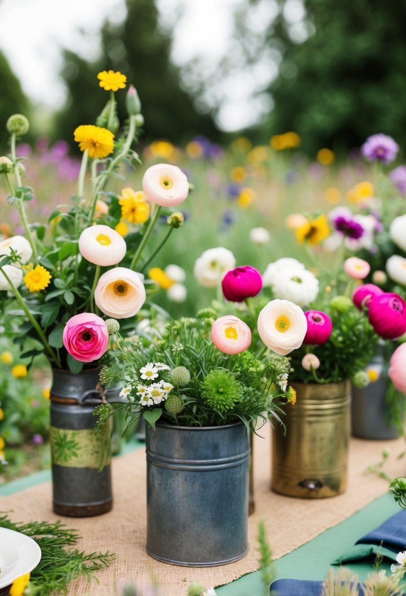 A rustic garden party with ranunculus floral arrangements in vintage containers, surrounded by wildflowers and greenery