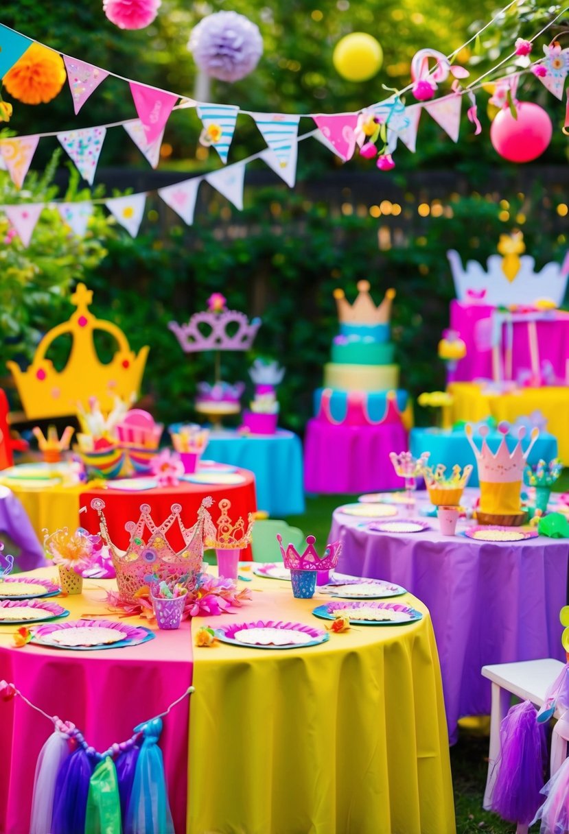 A colorful garden filled with whimsical decorations, tiaras, and craft stations set up for a princess-themed party