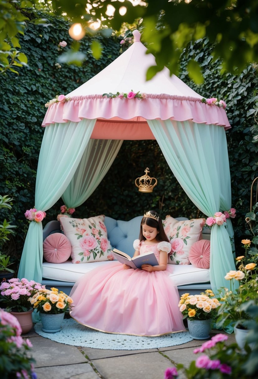 A cozy garden nook with a whimsical princess theme, complete with a canopy, floral decorations, and plush seating for storybook reading