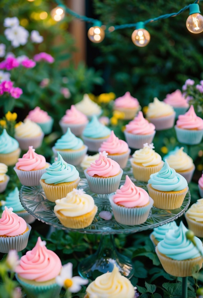 A garden filled with pastel-colored cupcakes shaped like glass slippers, surrounded by whimsical fairy lights and blooming flowers