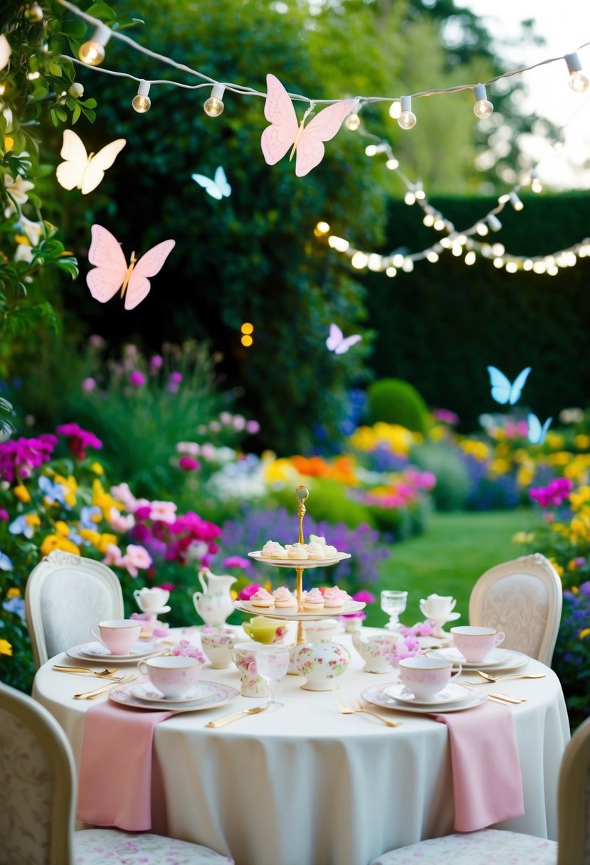 A lush garden filled with colorful flowers, adorned with fairy lights and delicate butterfly decorations. A grand table set with dainty tea cups and pastel-colored treats