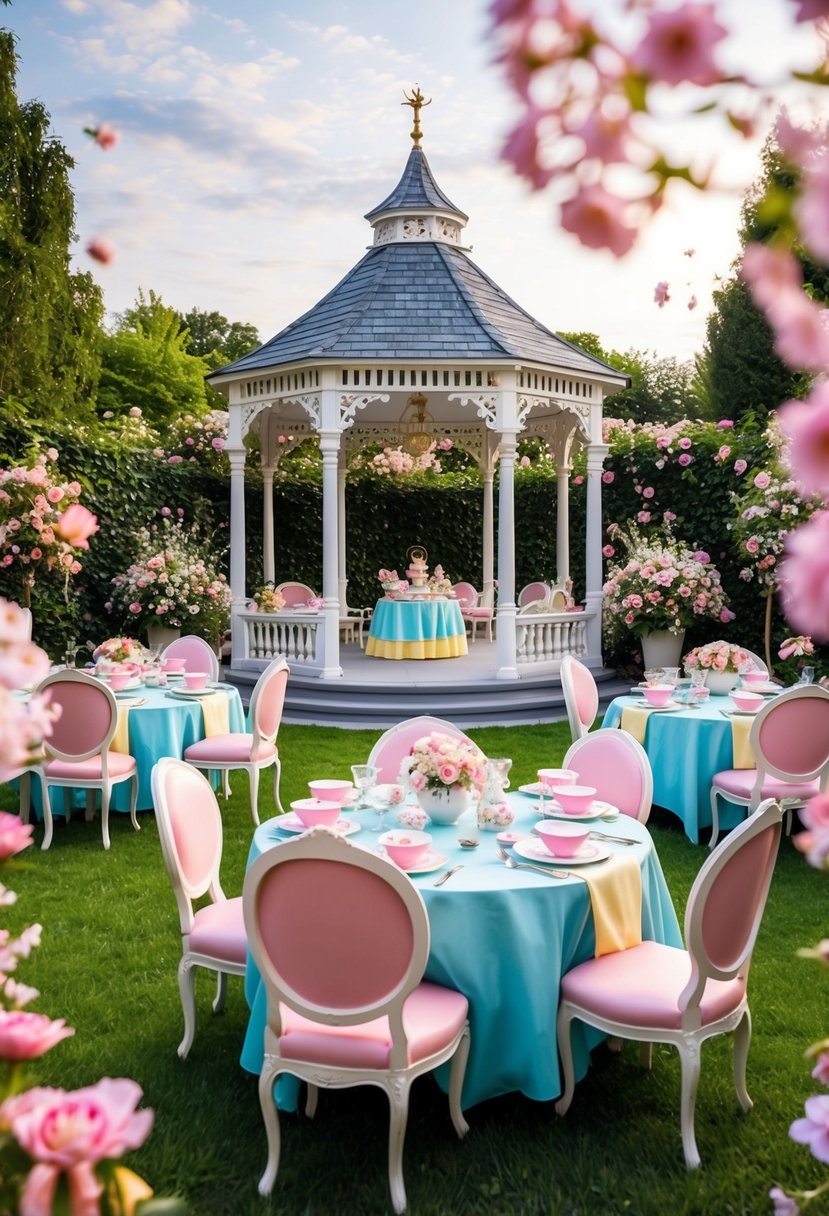 A whimsical garden adorned with pastel flowers, a grand gazebo, and elegant tea sets for a princess-themed party