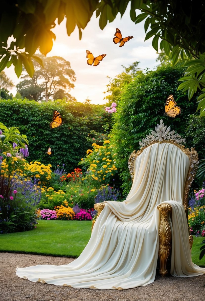 A lush garden with colorful flowers, butterflies fluttering around, and a regal throne draped in flowing fabric and adorned with sparkling jewels