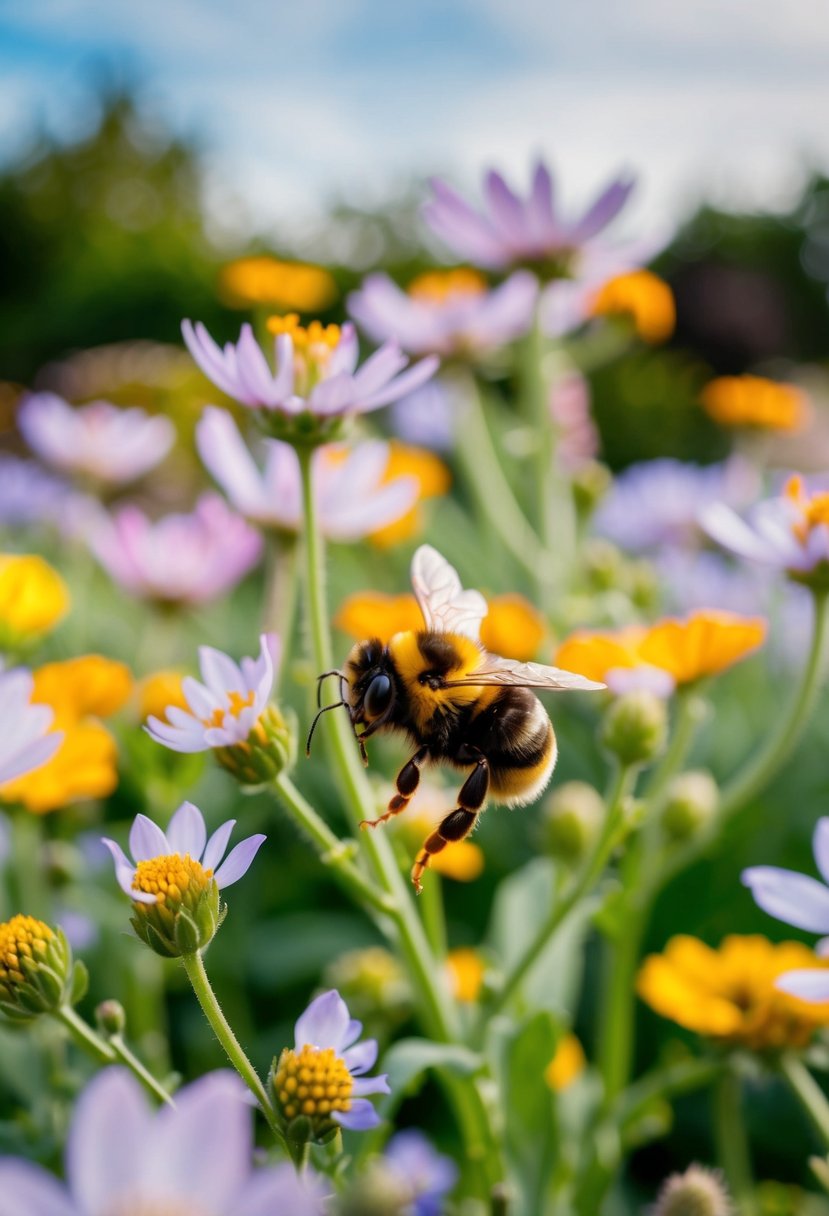 A bumblebee buzzes among blooming flowers at a garden party