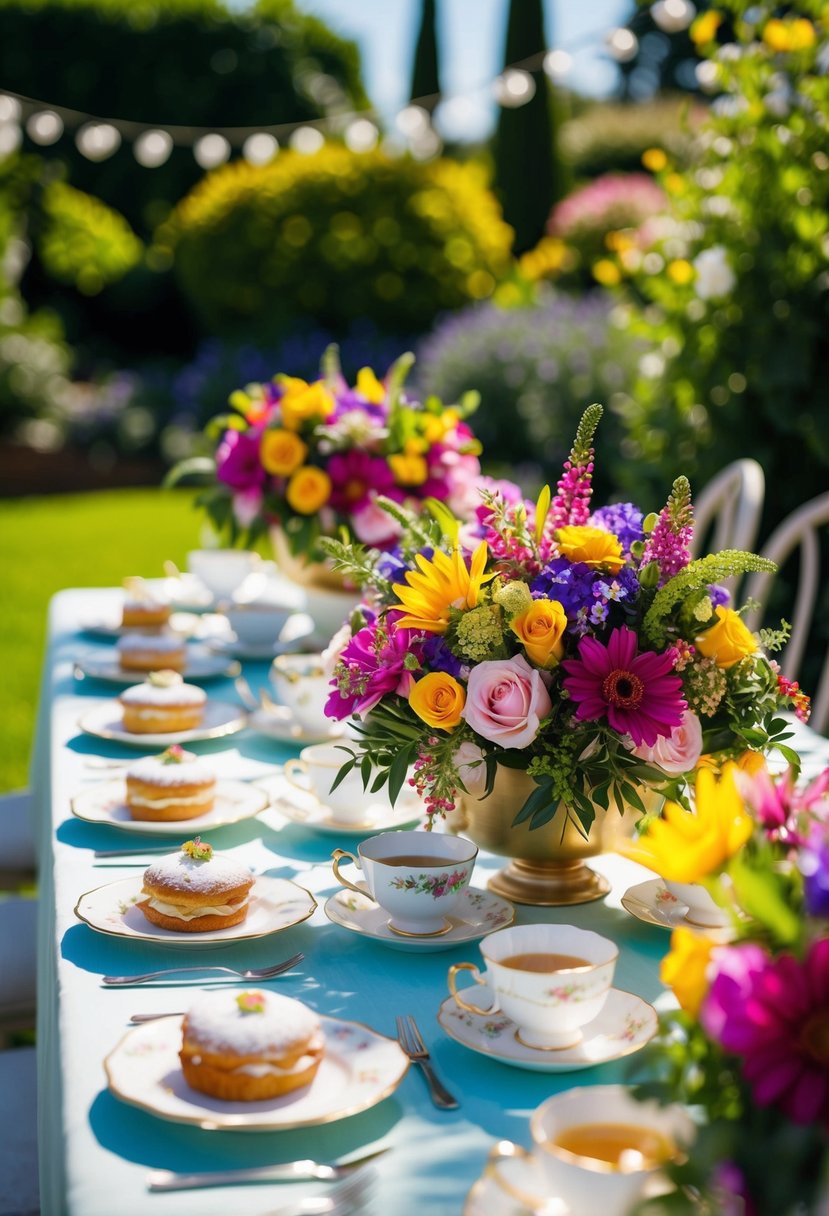 A table adorned with vibrant floral centerpieces, set in a sun-drenched garden, surrounded by teacups and delicate pastries