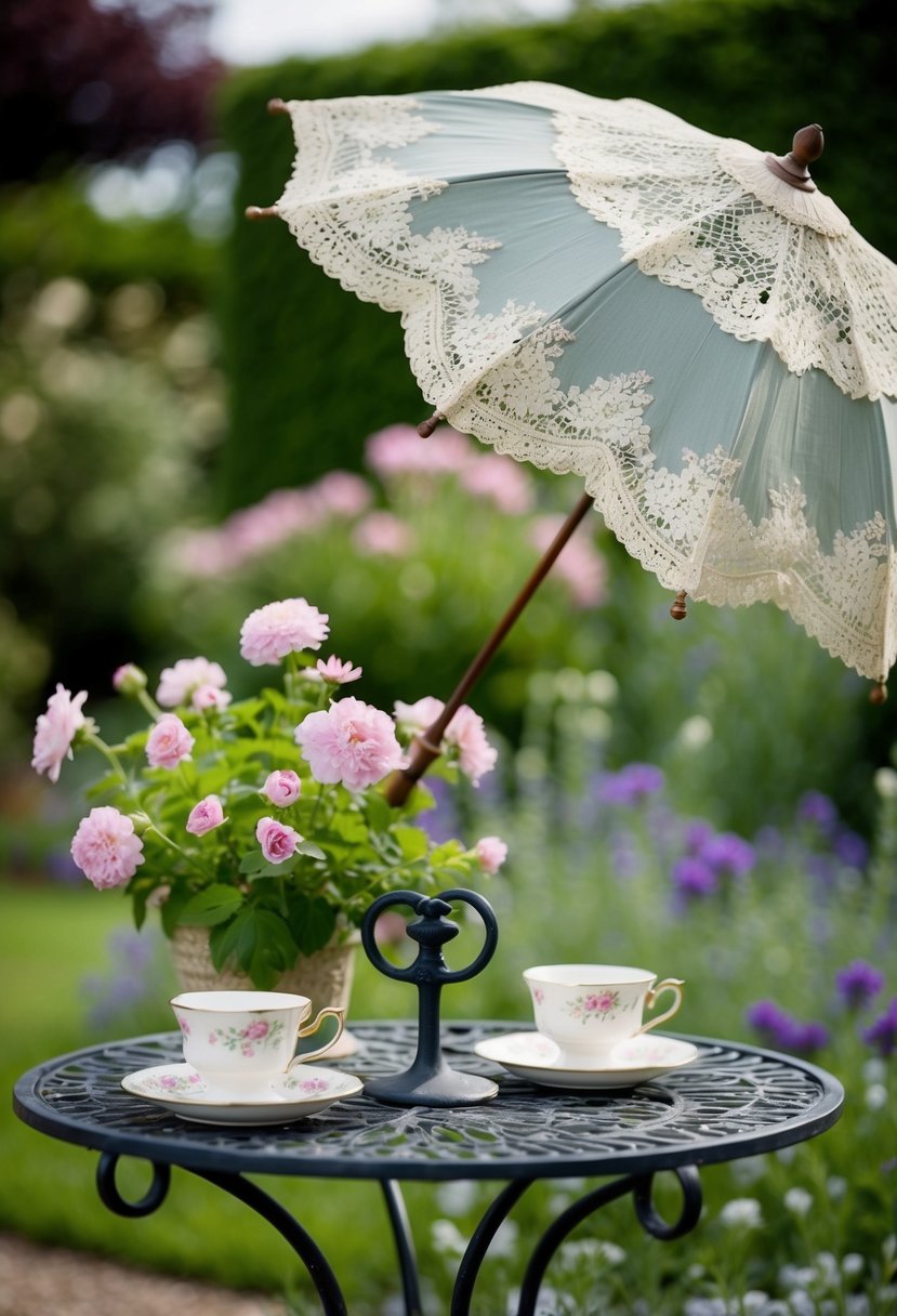 A vintage lace parasol rests on a wrought iron table in a garden, surrounded by blooming flowers and delicate tea cups