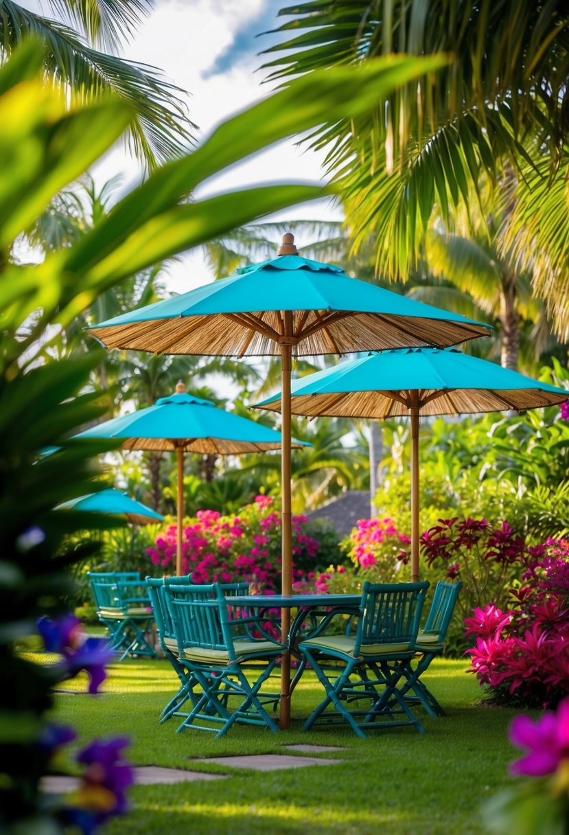 A colorful tropical garden with bamboo umbrellas, surrounded by lush greenery and vibrant flowers