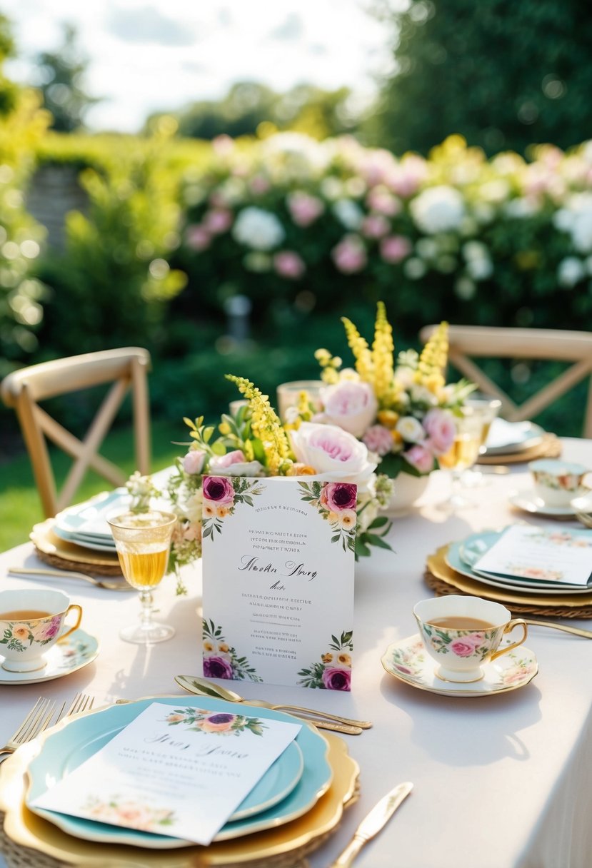A table set with floral-themed invitation cards, teacups, and pastries in a garden setting