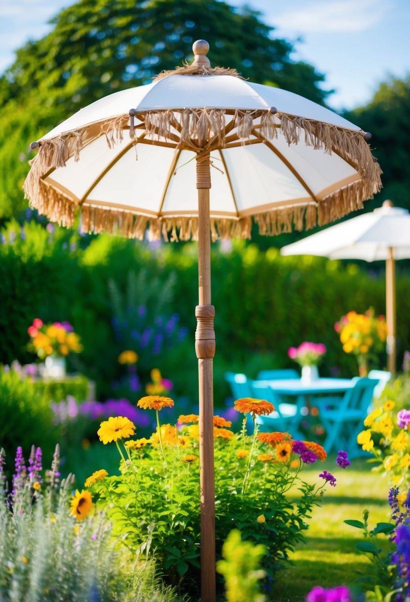 A rustic wooden pole umbrella stands in a vibrant garden, surrounded by colorful flowers and greenery, creating a charming and inviting atmosphere for a garden party