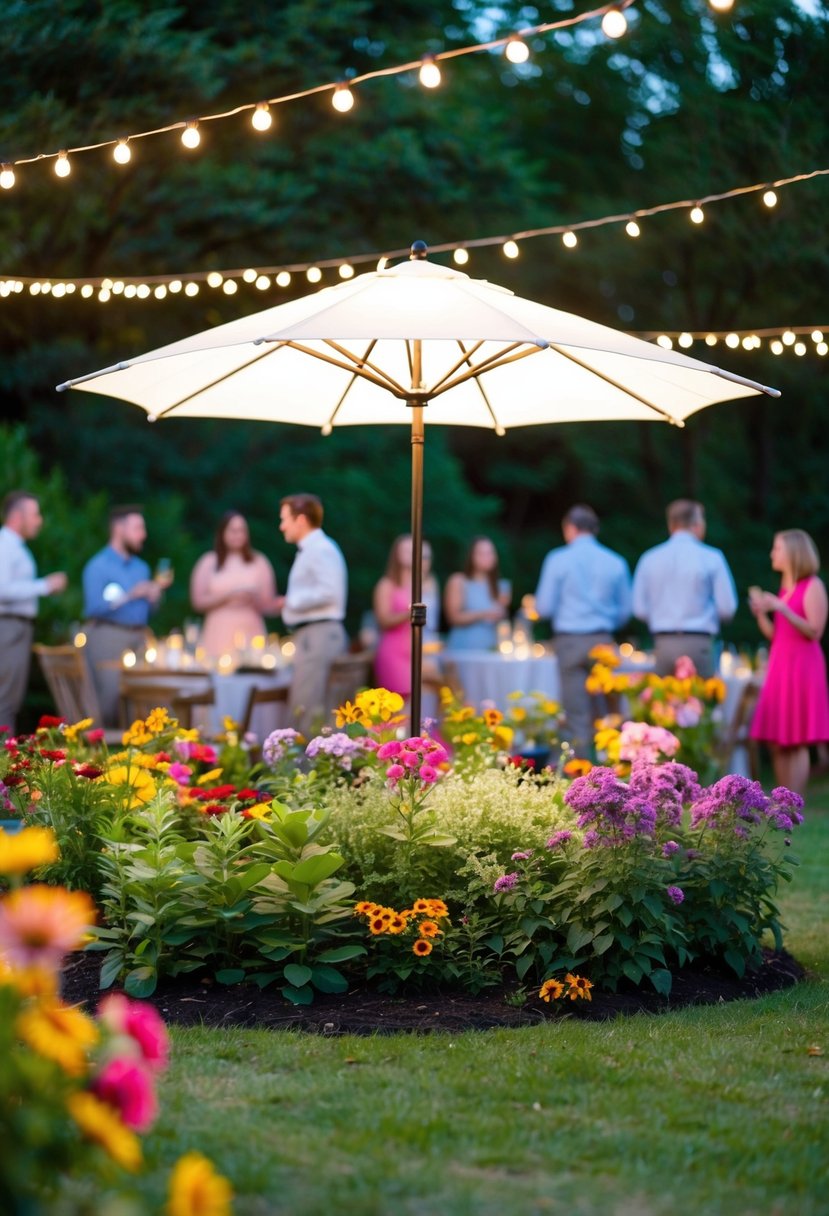 A garden party scene with a Light-Up LED Umbrella as the focal point, surrounded by colorful flowers and twinkling string lights