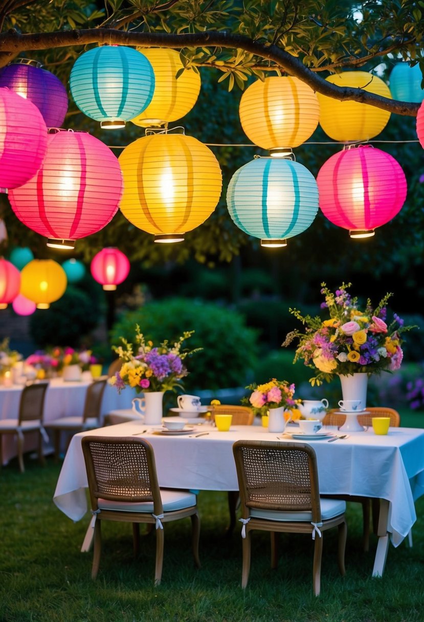 Colorful paper lanterns hang from trees, illuminating a garden party. Tea cups and floral arrangements adorn the outdoor kitchen
