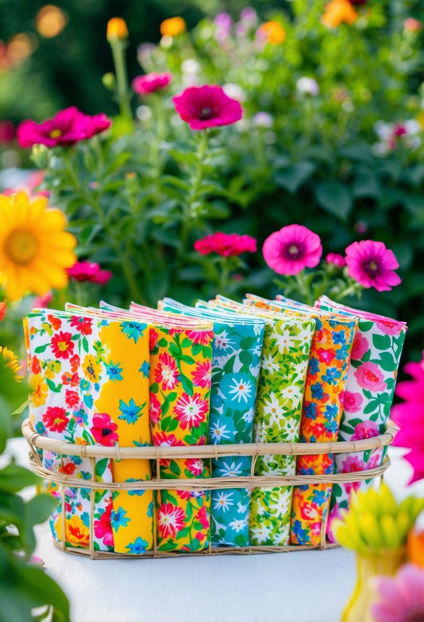 Colorful floral print napkins arranged on a garden table, surrounded by vibrant flowers and greenery