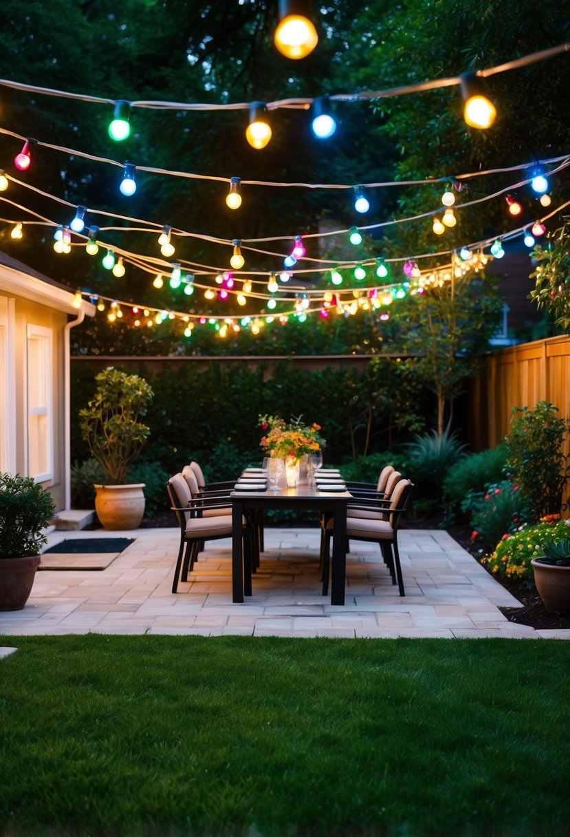 A backyard garden adorned with colorful string lights, creating a warm and inviting atmosphere for a festive party