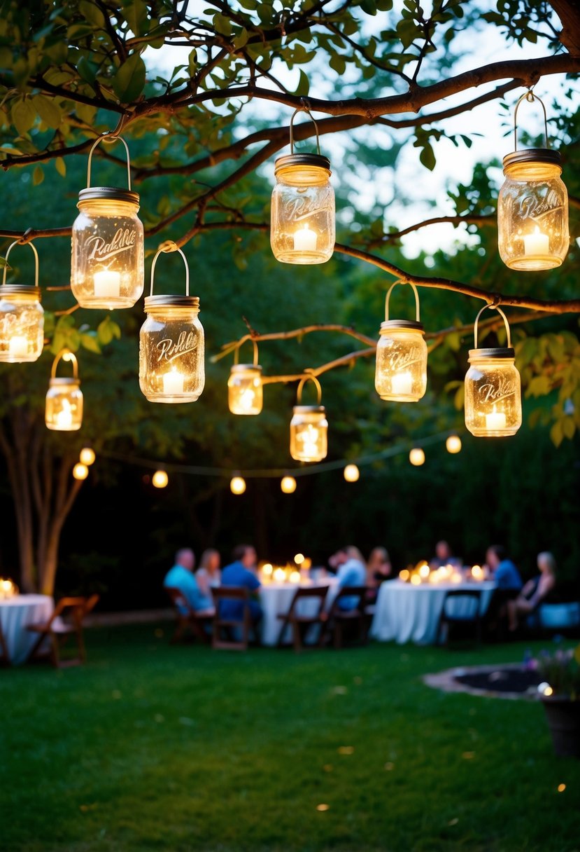 A backyard garden filled with mason jar lanterns hanging from tree branches and scattered throughout the yard, casting a warm glow over the party