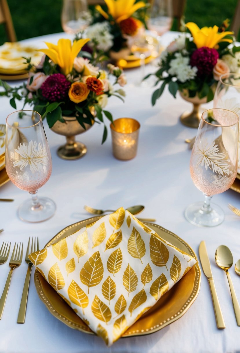 Golden leaf pattern napkins arranged on outdoor table with floral centerpieces for elegant garden party decoration