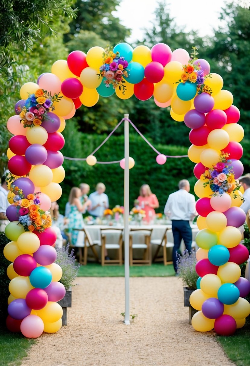 A colorful floral balloon arch frames the entrance to a garden party, creating a festive and inviting atmosphere