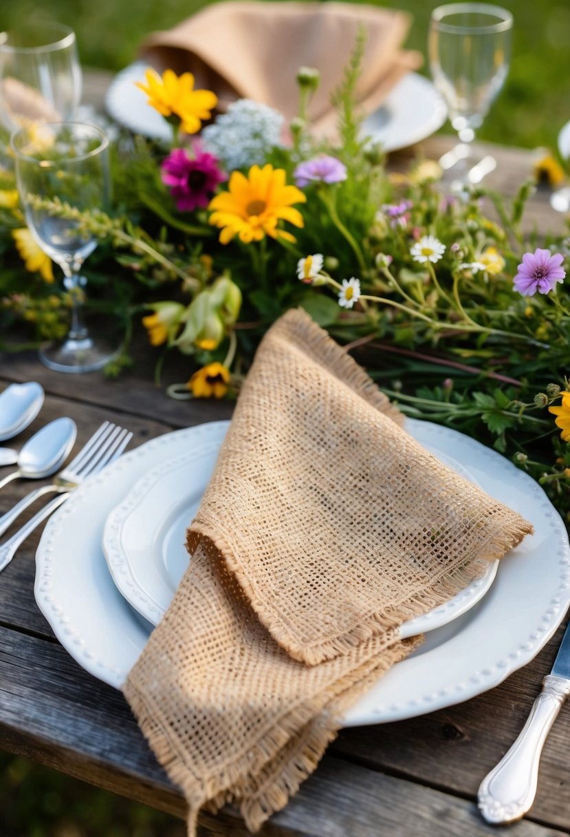 Rustic burlap napkins arranged on a wooden table with wildflowers and vintage silverware for a charming garden party setting